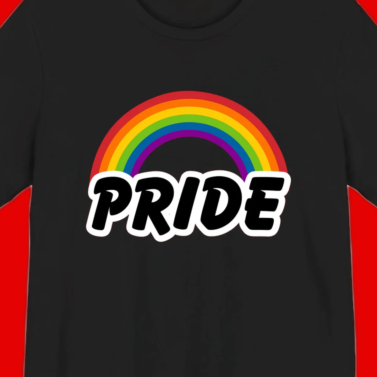 Colorful rainbow arc above bold black 'PRIDE' text with white outline on gray background