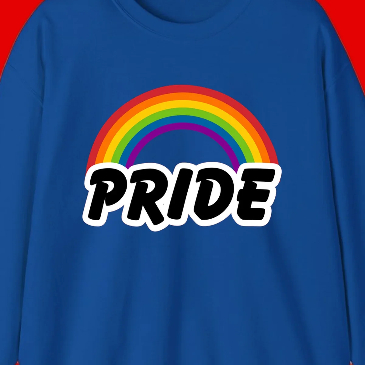 Colorful rainbow arc above bold black 'PRIDE' text with white outline on gray background
