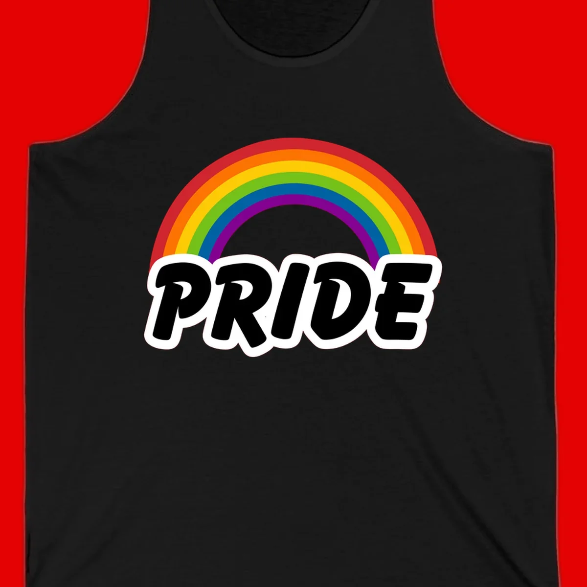 Colorful rainbow arc above bold black 'PRIDE' text with white outline on gray background