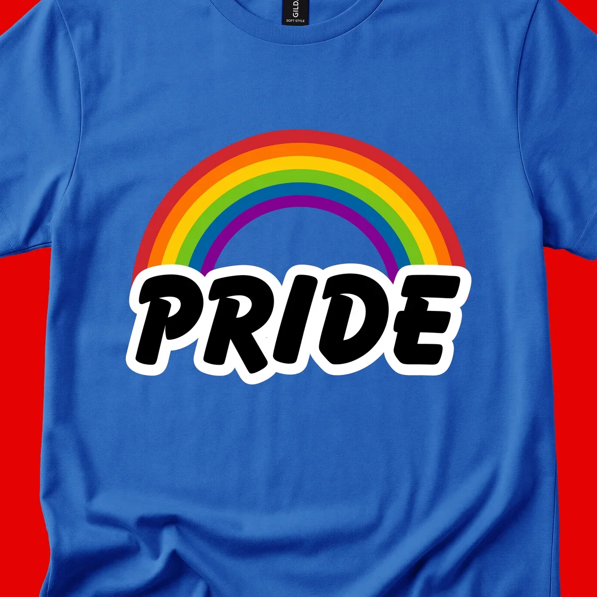 Colorful rainbow arc above bold black 'PRIDE' text with white outline on gray background