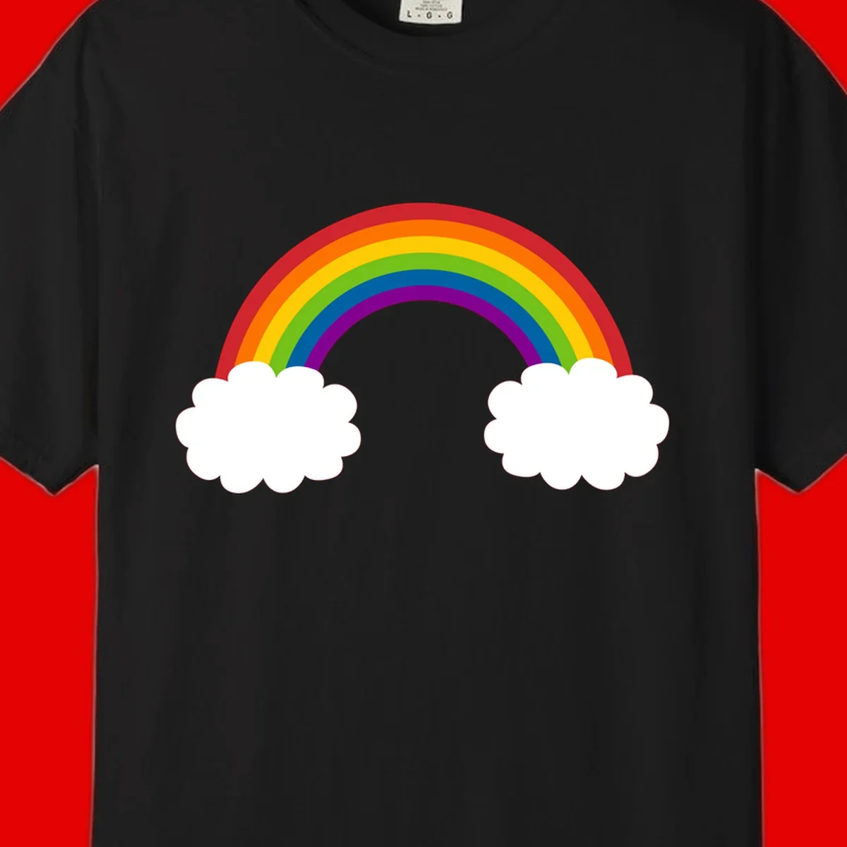 Vibrant rainbow arc spanning between two white clouds on gray background, rainbow-cloud-bridge design