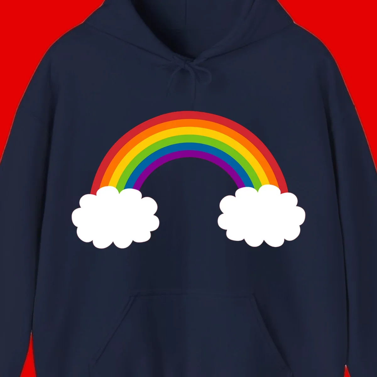 Vibrant rainbow arc spanning between two white clouds on gray background, rainbow-cloud-bridge design