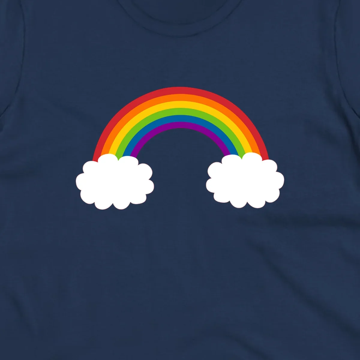 Vibrant rainbow arc spanning between two white clouds on gray background, rainbow-cloud-bridge design