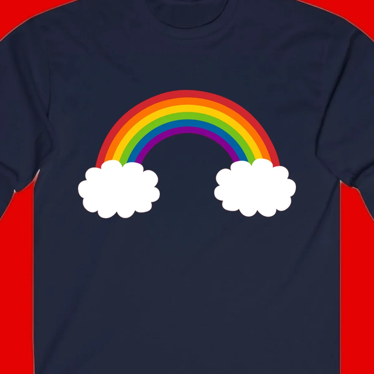 Vibrant rainbow arc spanning between two white clouds on gray background, rainbow-cloud-bridge design