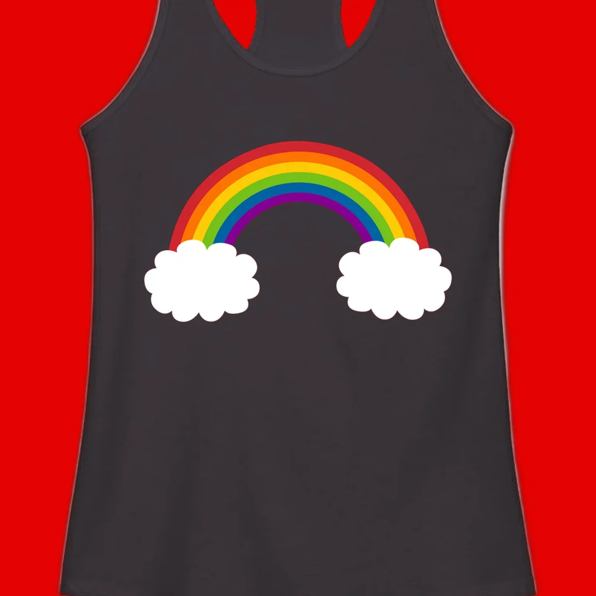 Vibrant rainbow arc spanning between two white clouds on gray background, rainbow-cloud-bridge design