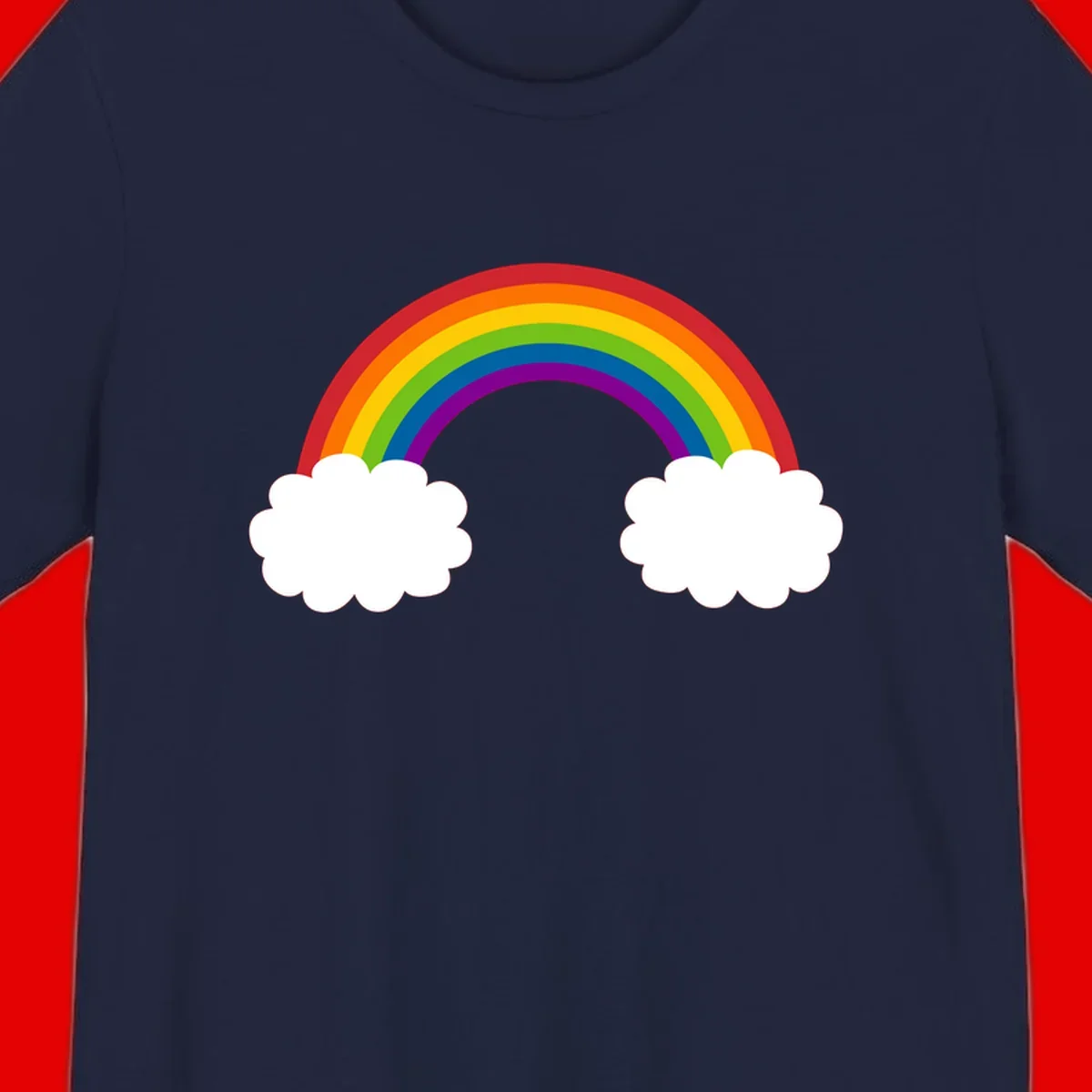 Vibrant rainbow arc spanning between two white clouds on gray background, rainbow-cloud-bridge design