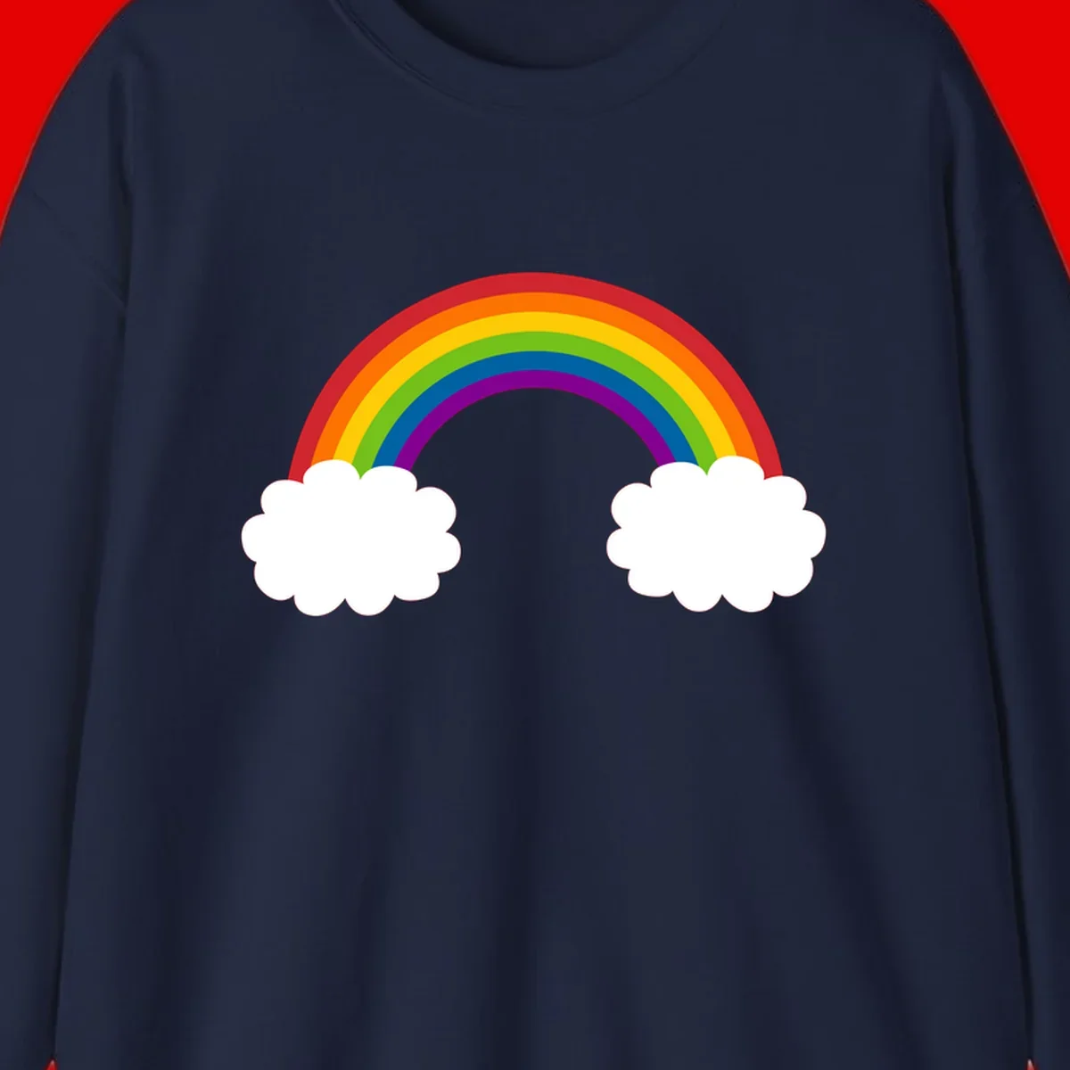 Vibrant rainbow arc spanning between two white clouds on gray background, rainbow-cloud-bridge design