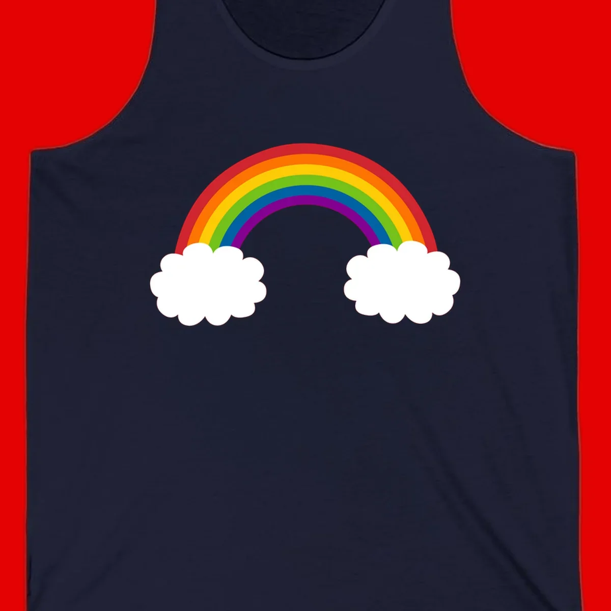 Vibrant rainbow arc spanning between two white clouds on gray background, rainbow-cloud-bridge design