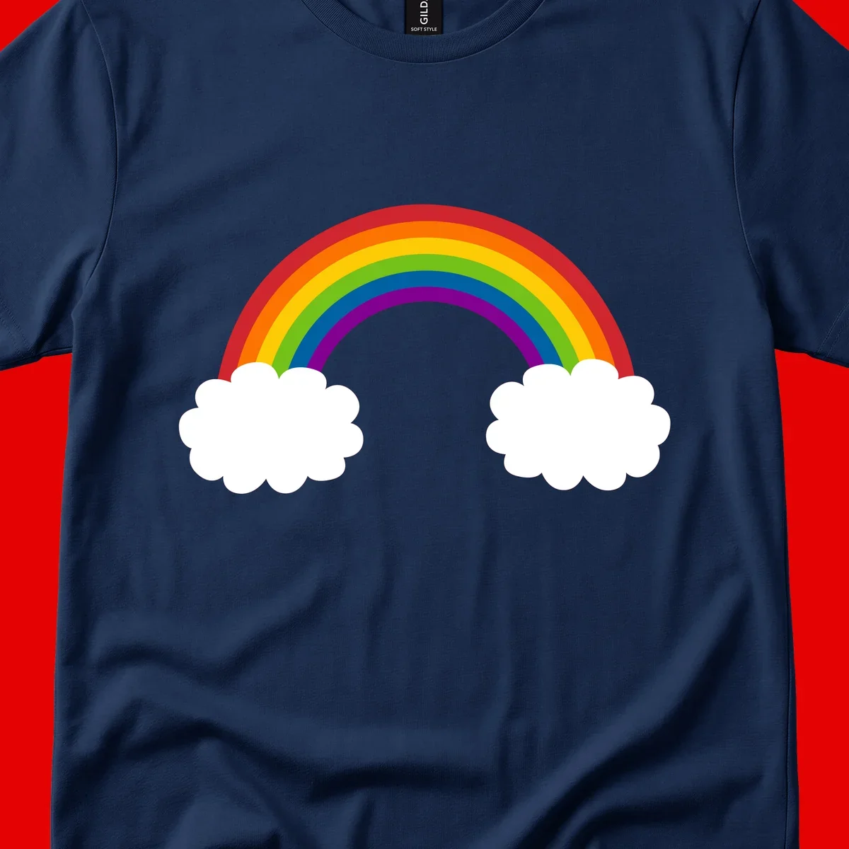Vibrant rainbow arc spanning between two white clouds on gray background, rainbow-cloud-bridge design