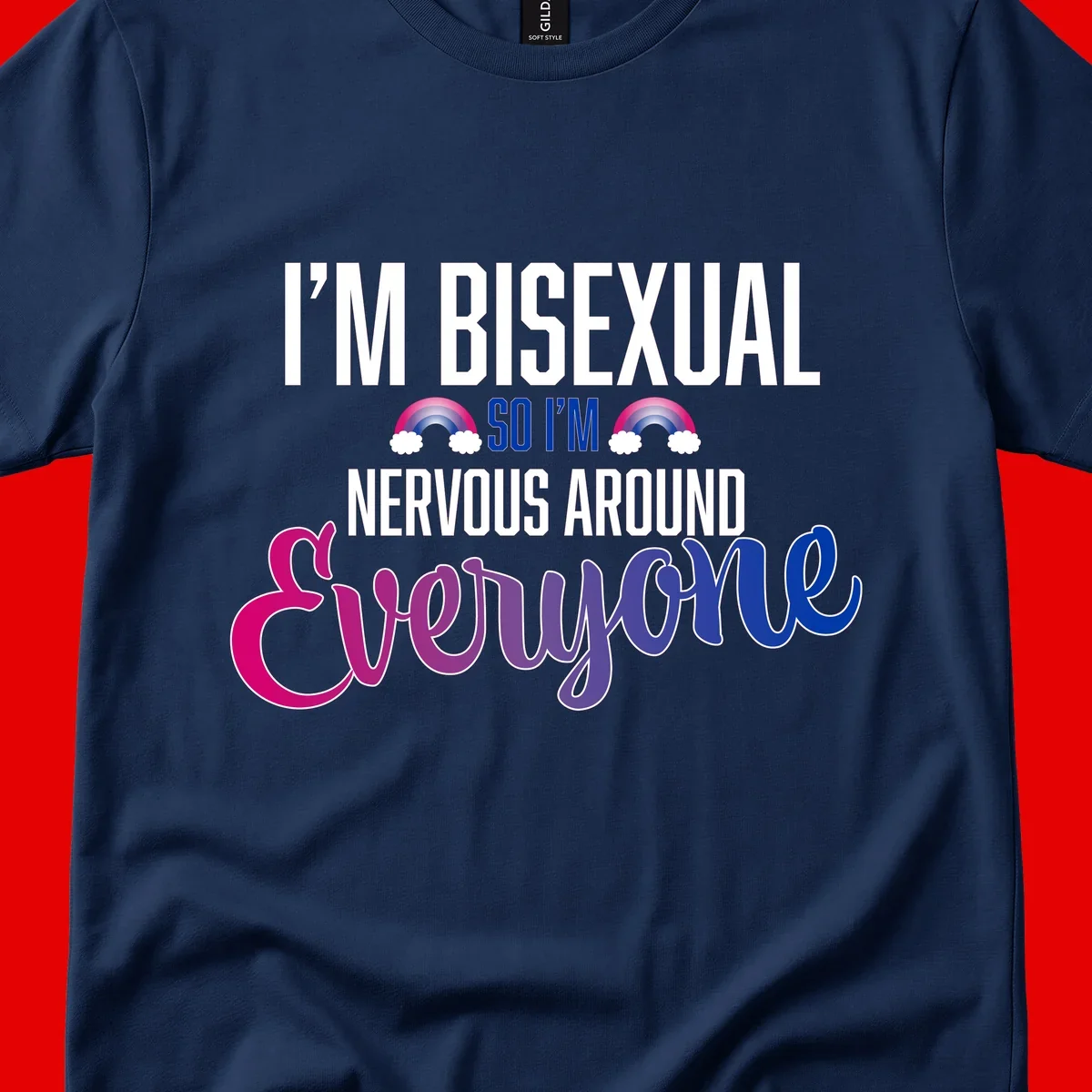 Bisexual nervous energy design with white text and rainbow clouds on gray background, featuring humorous pride message