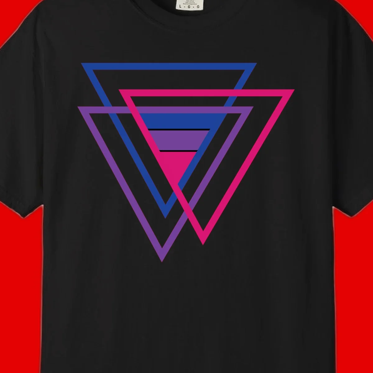 Nested triangles pride design with concentric blue, magenta, and purple geometric layers and black accent lines