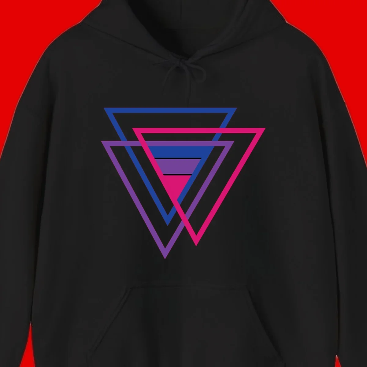 Nested triangles pride design with concentric blue, magenta, and purple geometric layers and black accent lines