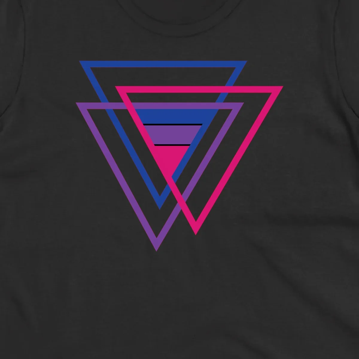 Nested triangles pride design with concentric blue, magenta, and purple geometric layers and black accent lines