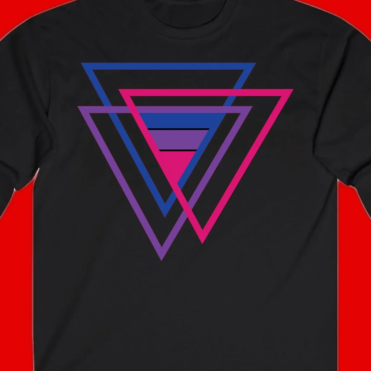 Nested triangles pride design with concentric blue, magenta, and purple geometric layers and black accent lines