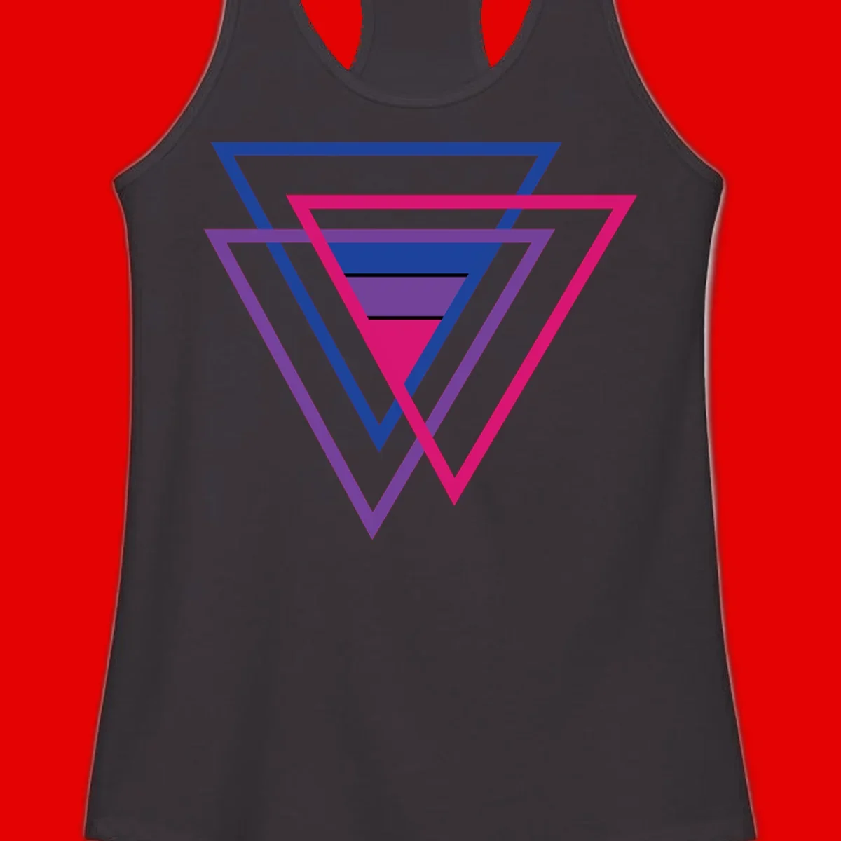 Nested triangles pride design with concentric blue, magenta, and purple geometric layers and black accent lines