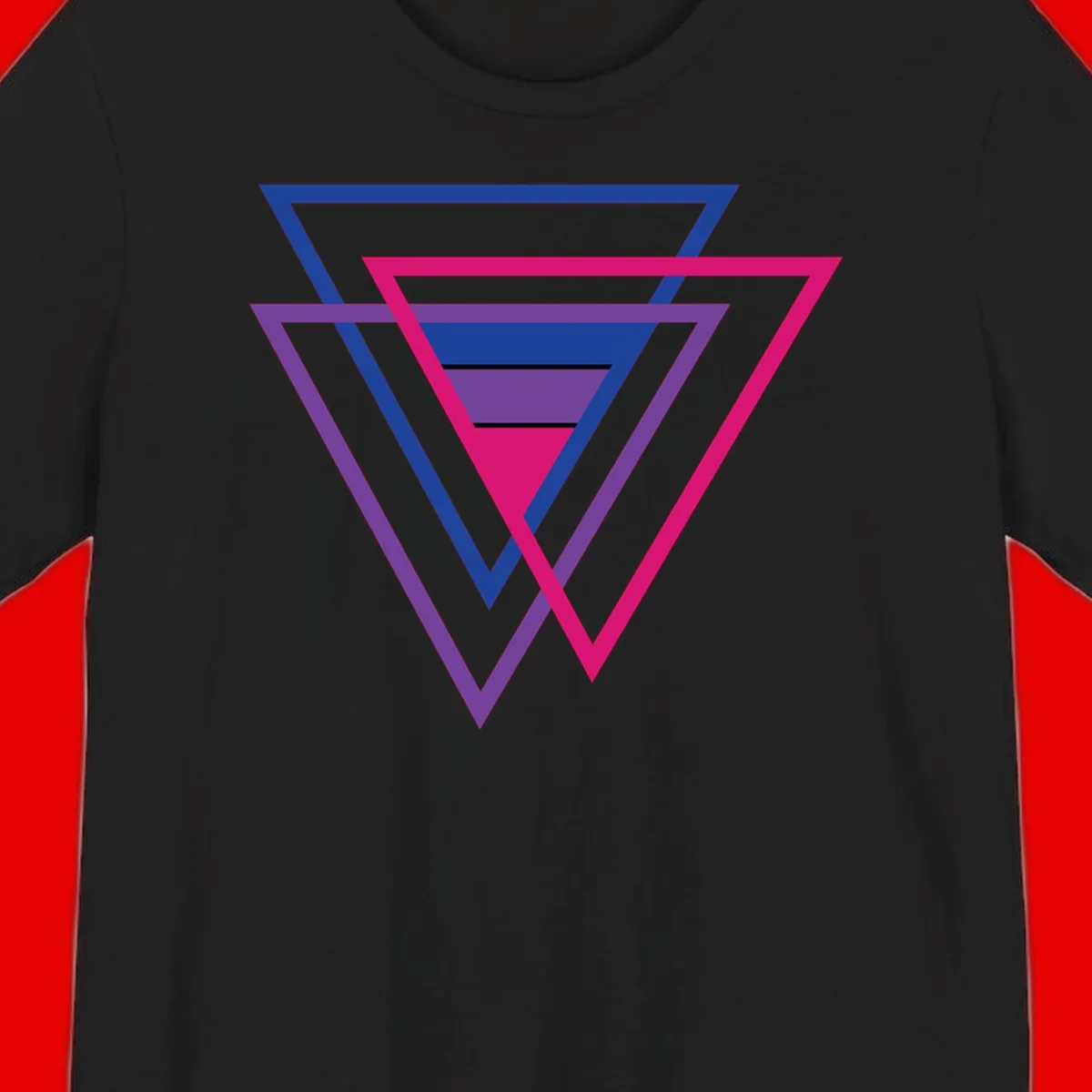 Nested triangles pride design with concentric blue, magenta, and purple geometric layers and black accent lines