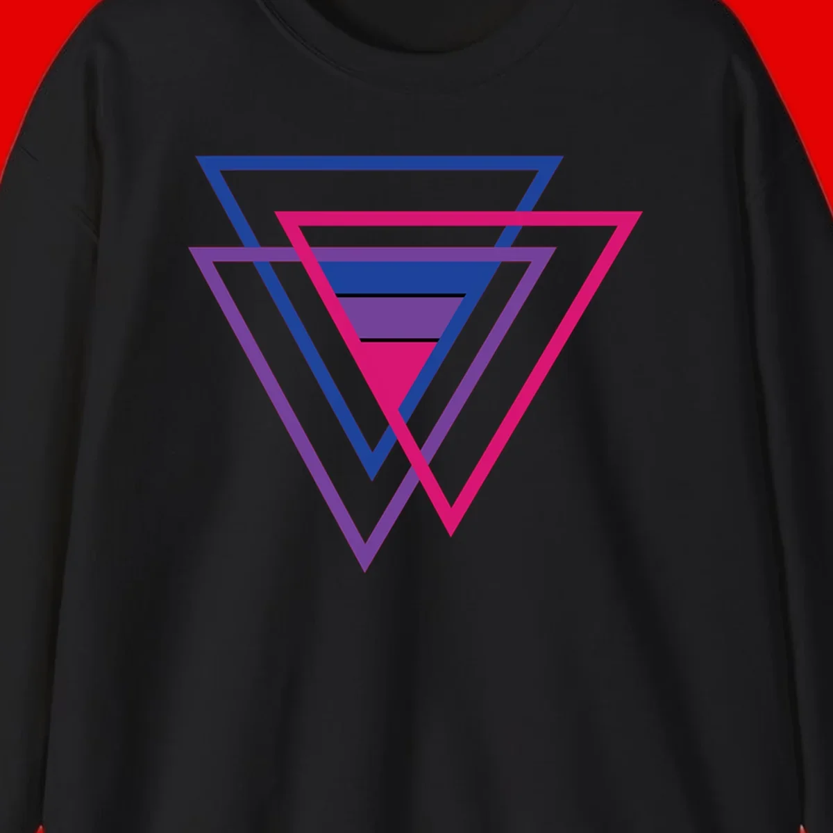 Nested triangles pride design with concentric blue, magenta, and purple geometric layers and black accent lines