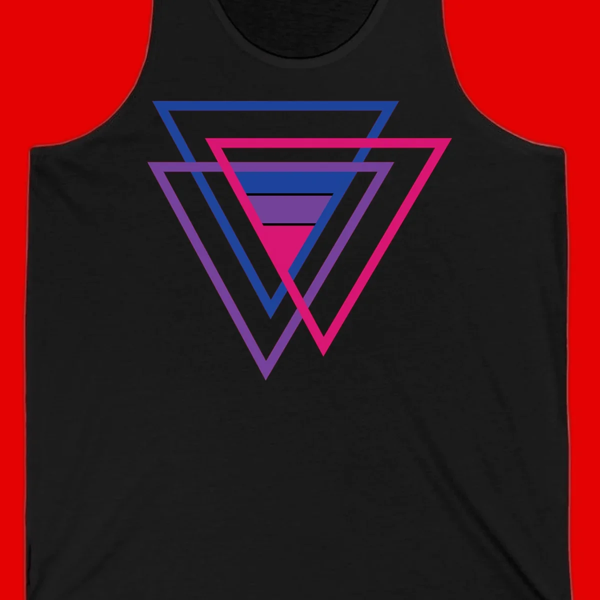 Nested triangles pride design with concentric blue, magenta, and purple geometric layers and black accent lines