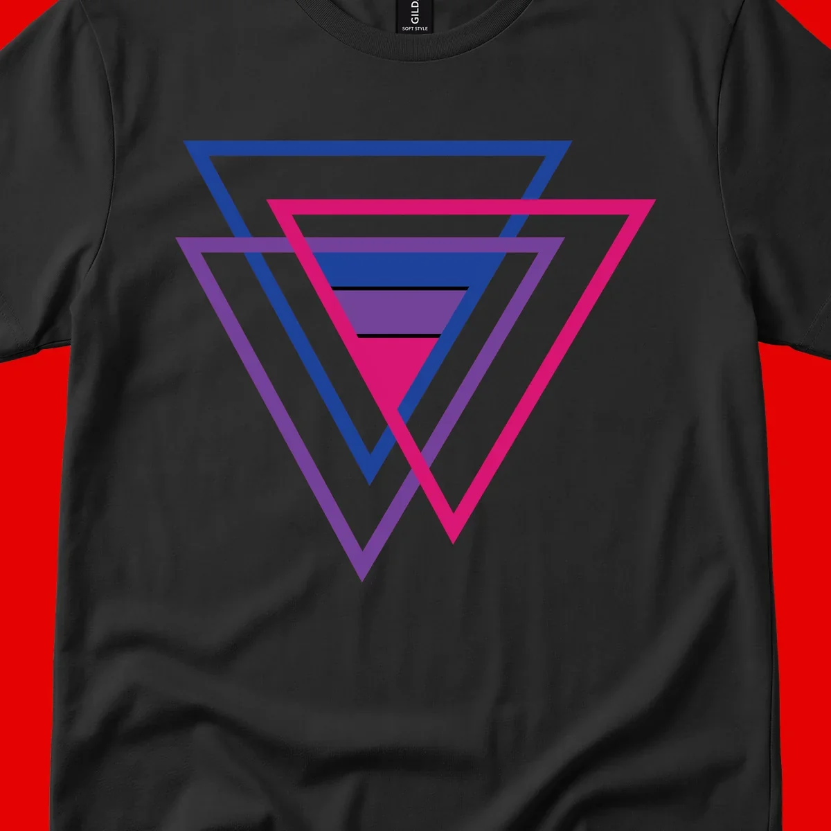 Nested triangles pride design with concentric blue, magenta, and purple geometric layers and black accent lines