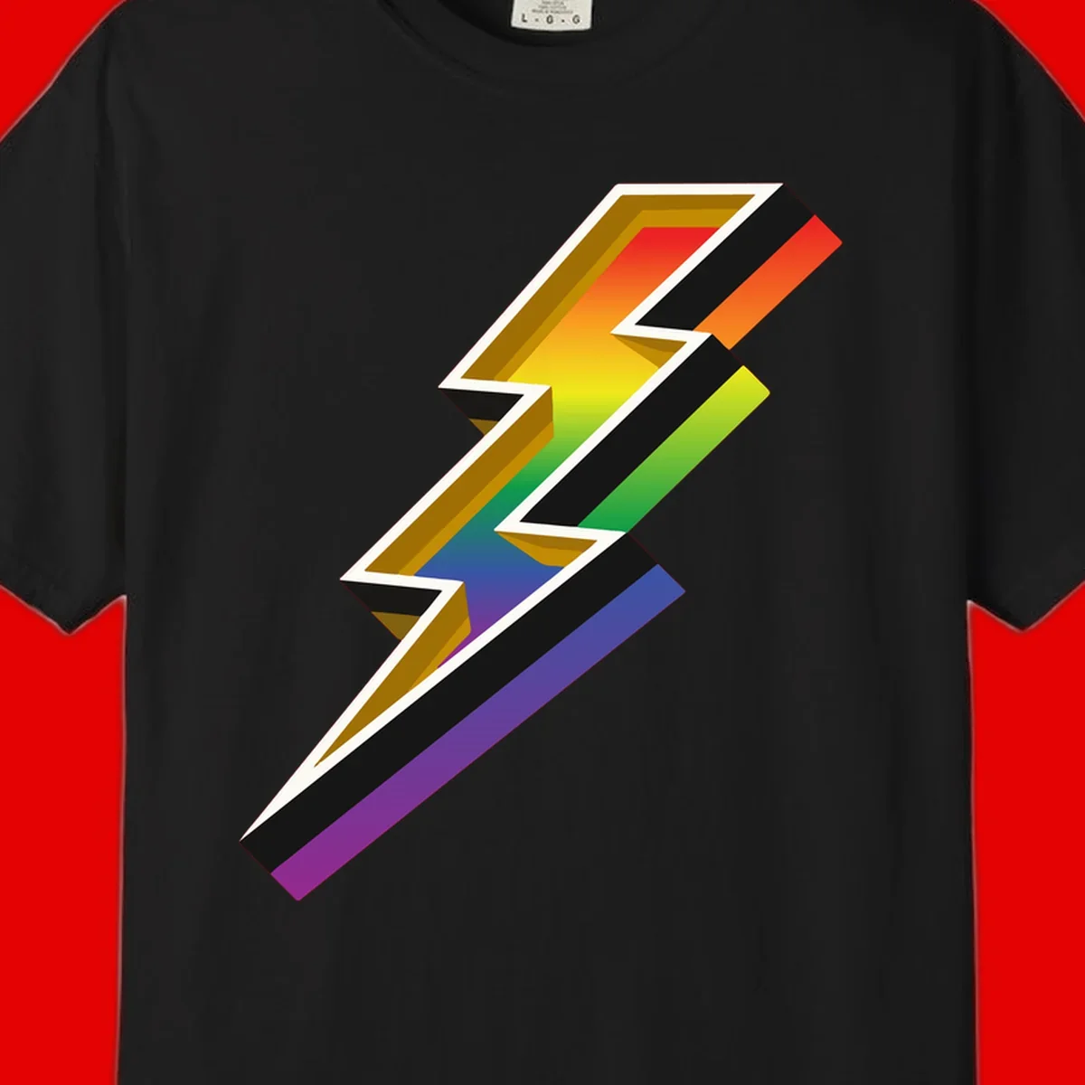 3D rainbow lightning bolt with layered depth effect featuring red, orange, yellow, green, blue, and purple gradient colors with white outlines and black shadows