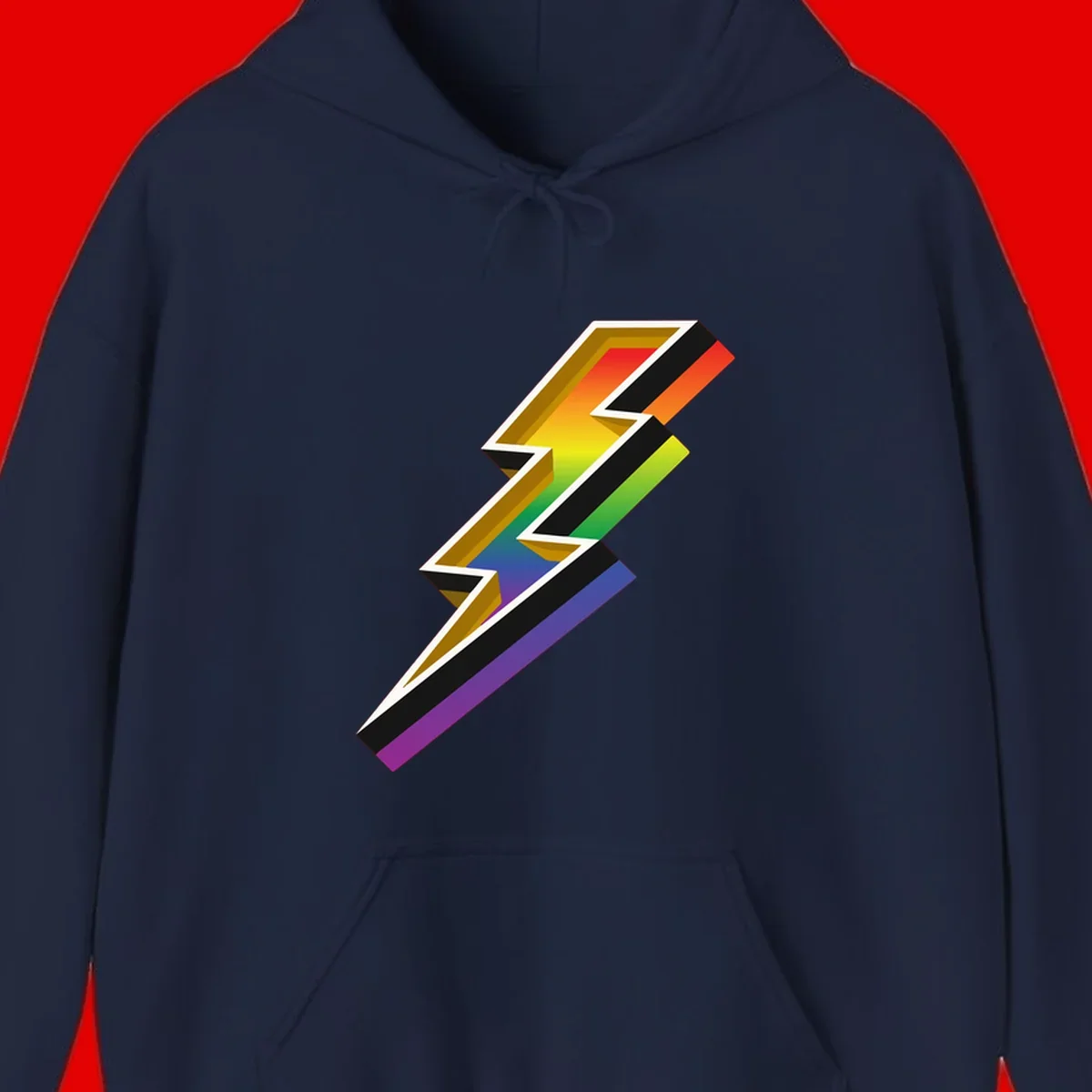 3D rainbow lightning bolt with layered depth effect featuring red, orange, yellow, green, blue, and purple gradient colors with white outlines and black shadows