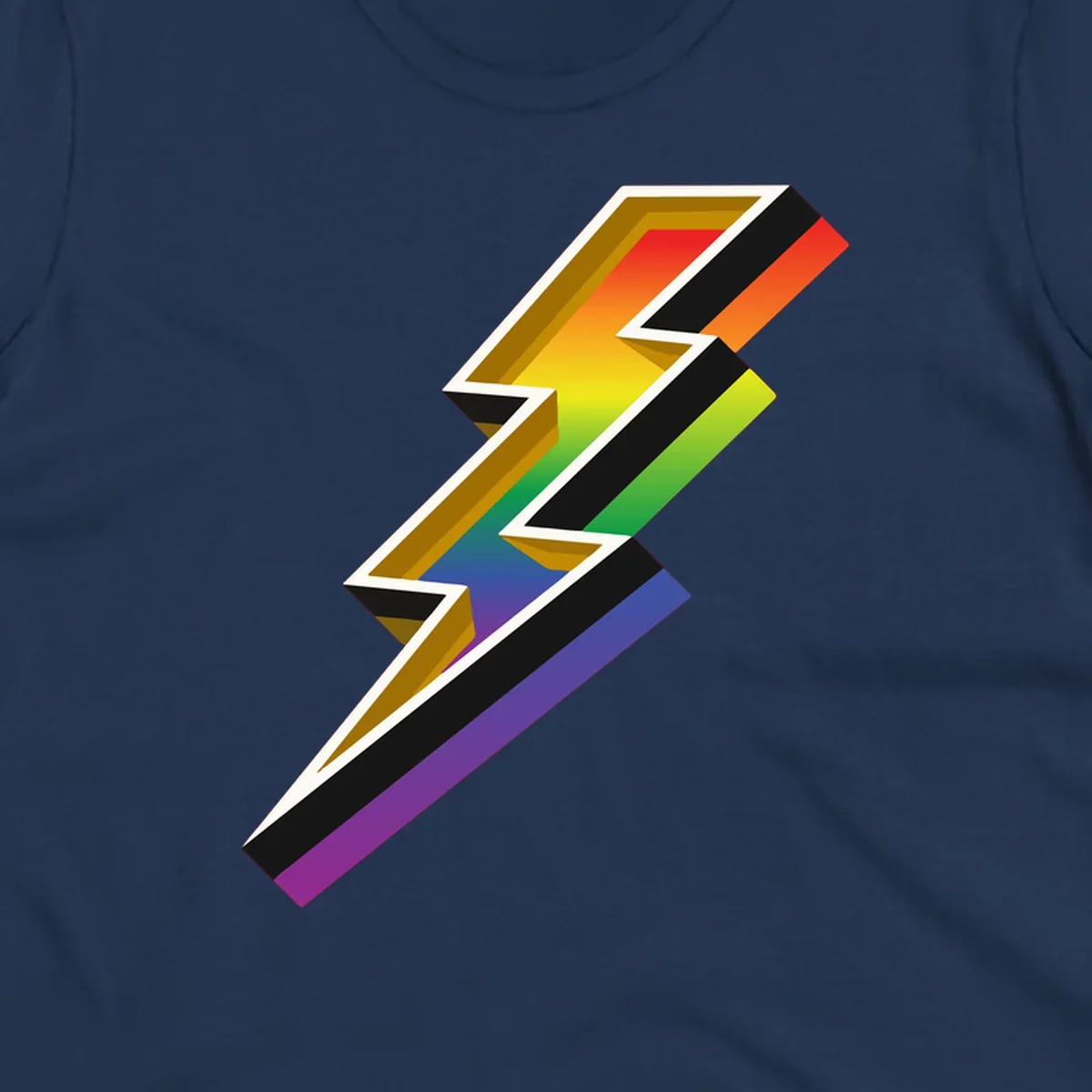 3D rainbow lightning bolt with layered depth effect featuring red, orange, yellow, green, blue, and purple gradient colors with white outlines and black shadows