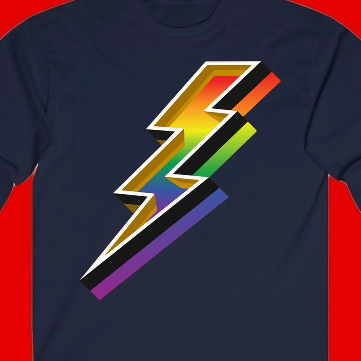 3D rainbow lightning bolt with layered depth effect featuring red, orange, yellow, green, blue, and purple gradient colors with white outlines and black shadows