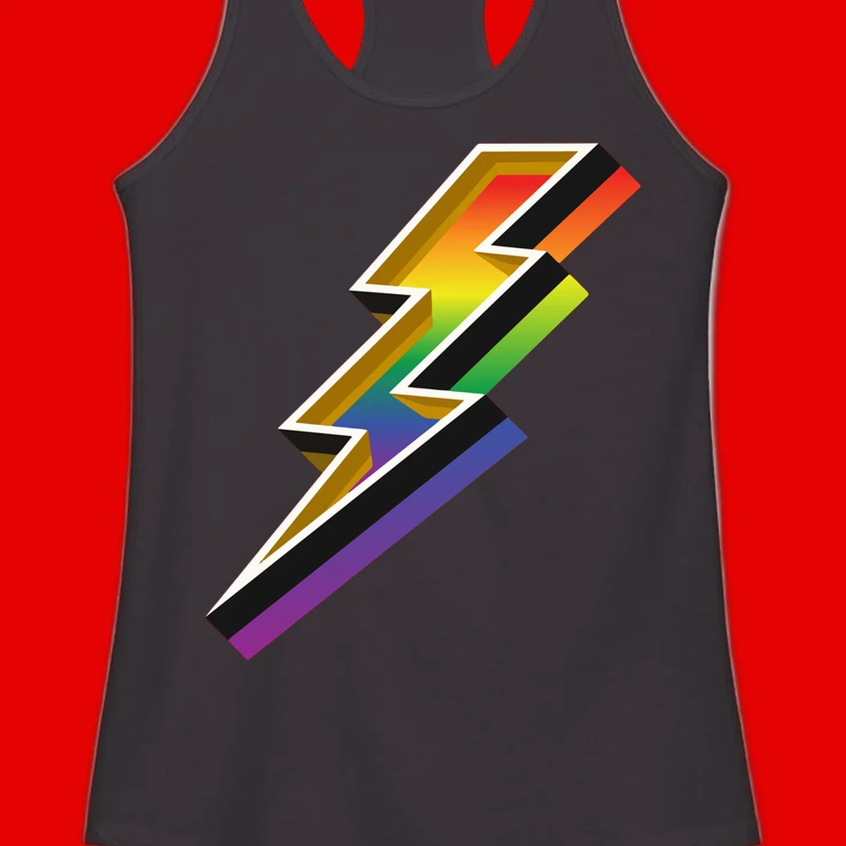 3D rainbow lightning bolt with layered depth effect featuring red, orange, yellow, green, blue, and purple gradient colors with white outlines and black shadows