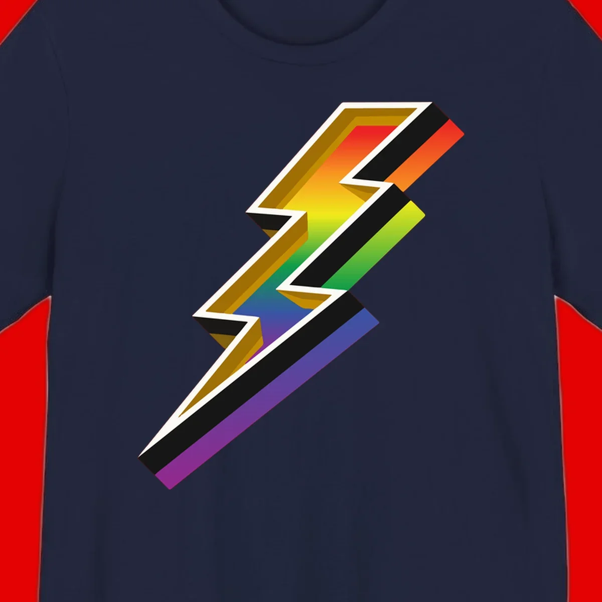 3D rainbow lightning bolt with layered depth effect featuring red, orange, yellow, green, blue, and purple gradient colors with white outlines and black shadows