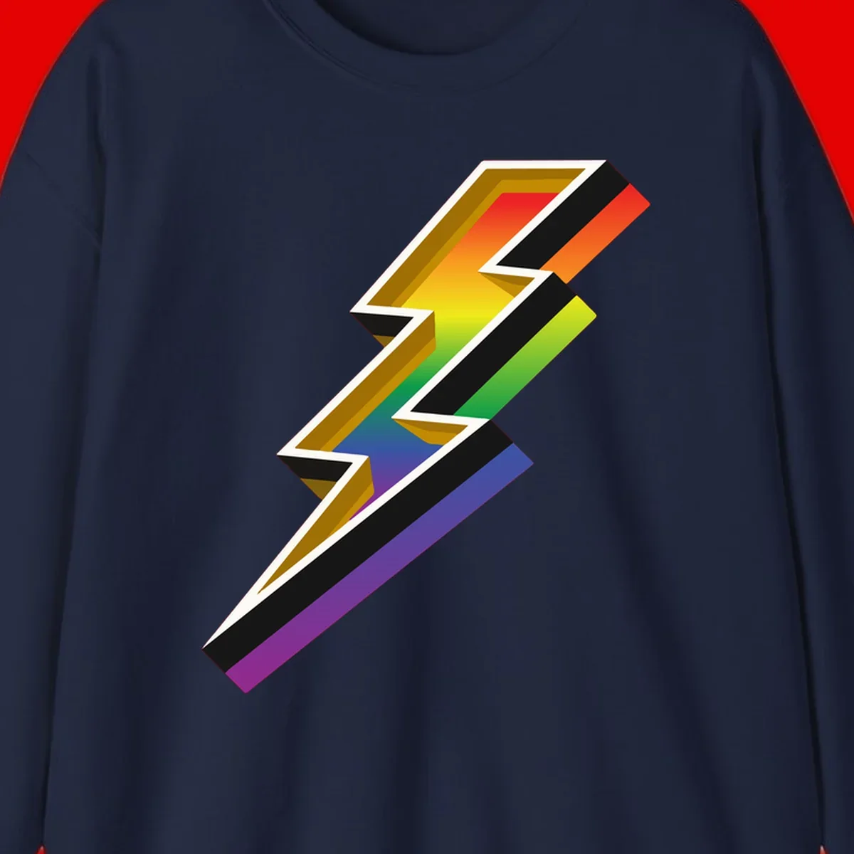 3D rainbow lightning bolt with layered depth effect featuring red, orange, yellow, green, blue, and purple gradient colors with white outlines and black shadows