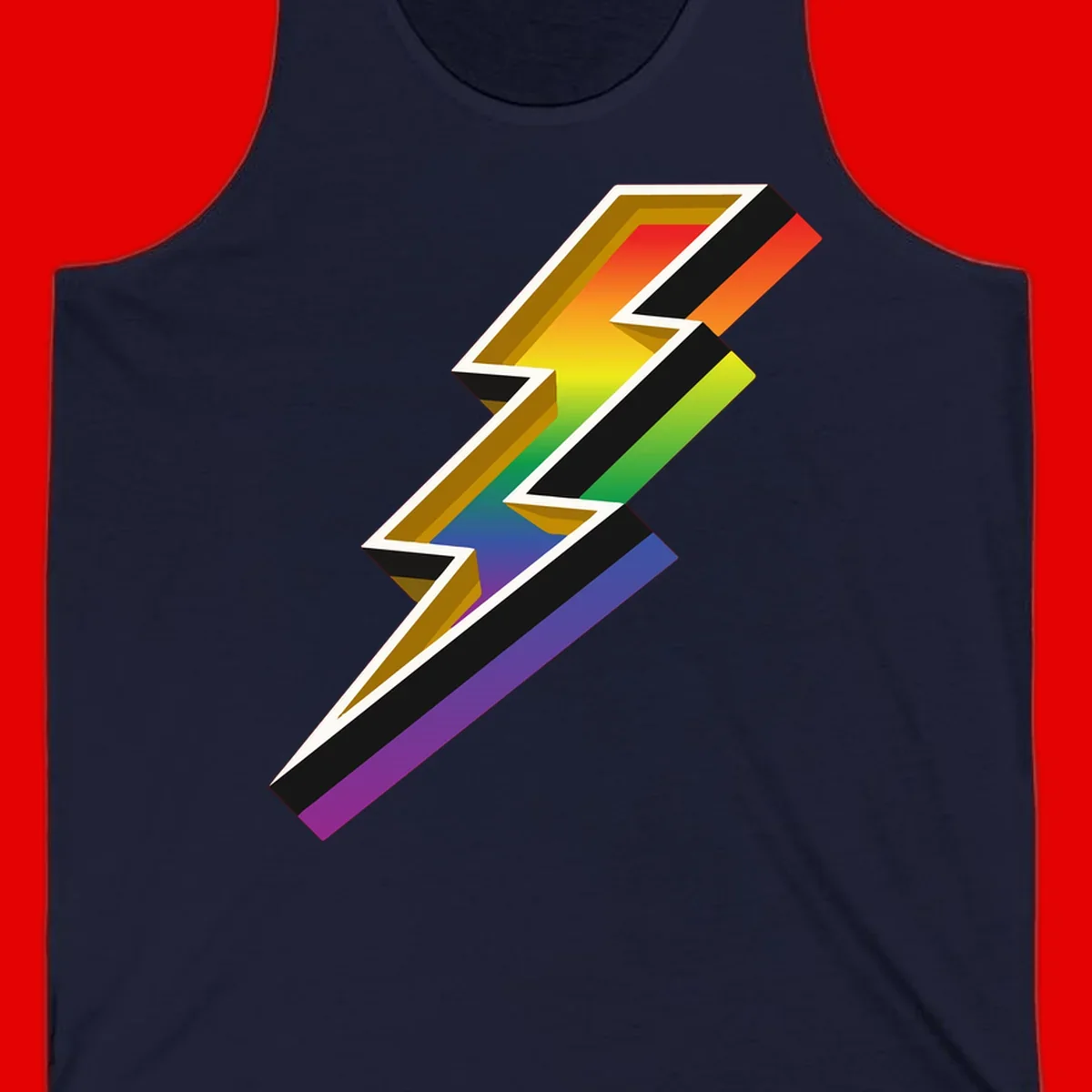 3D rainbow lightning bolt with layered depth effect featuring red, orange, yellow, green, blue, and purple gradient colors with white outlines and black shadows
