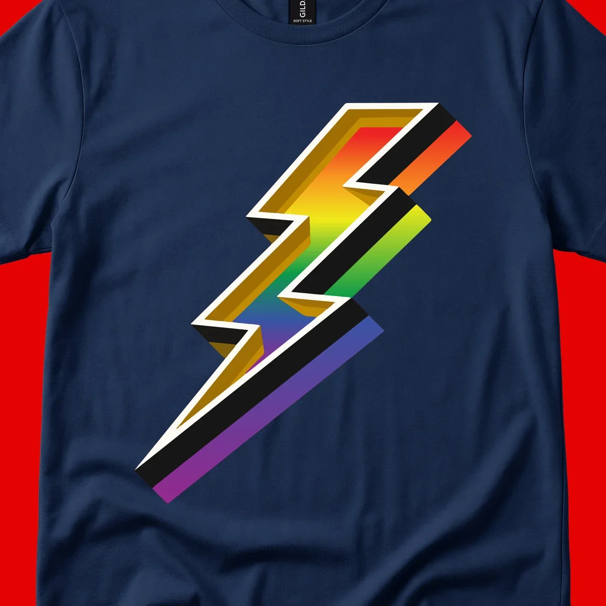 3D rainbow lightning bolt with layered depth effect featuring red, orange, yellow, green, blue, and purple gradient colors with white outlines and black shadows