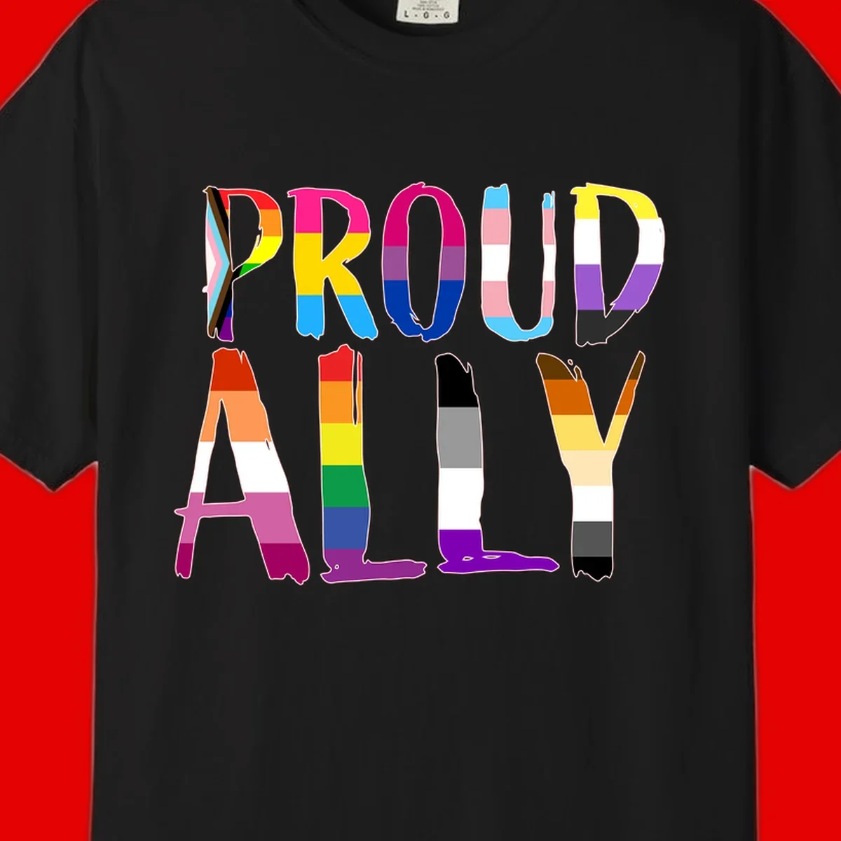 Colorful block letters spelling PROUD filled with rainbow pride flag stripes and patterns including trans and progress pride designs