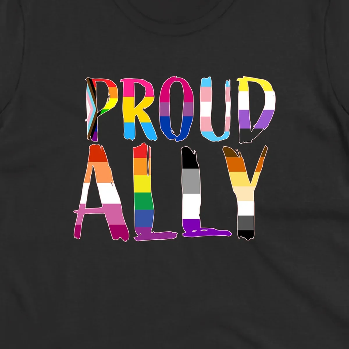 Colorful block letters spelling PROUD filled with rainbow pride flag stripes and patterns including trans and progress pride designs