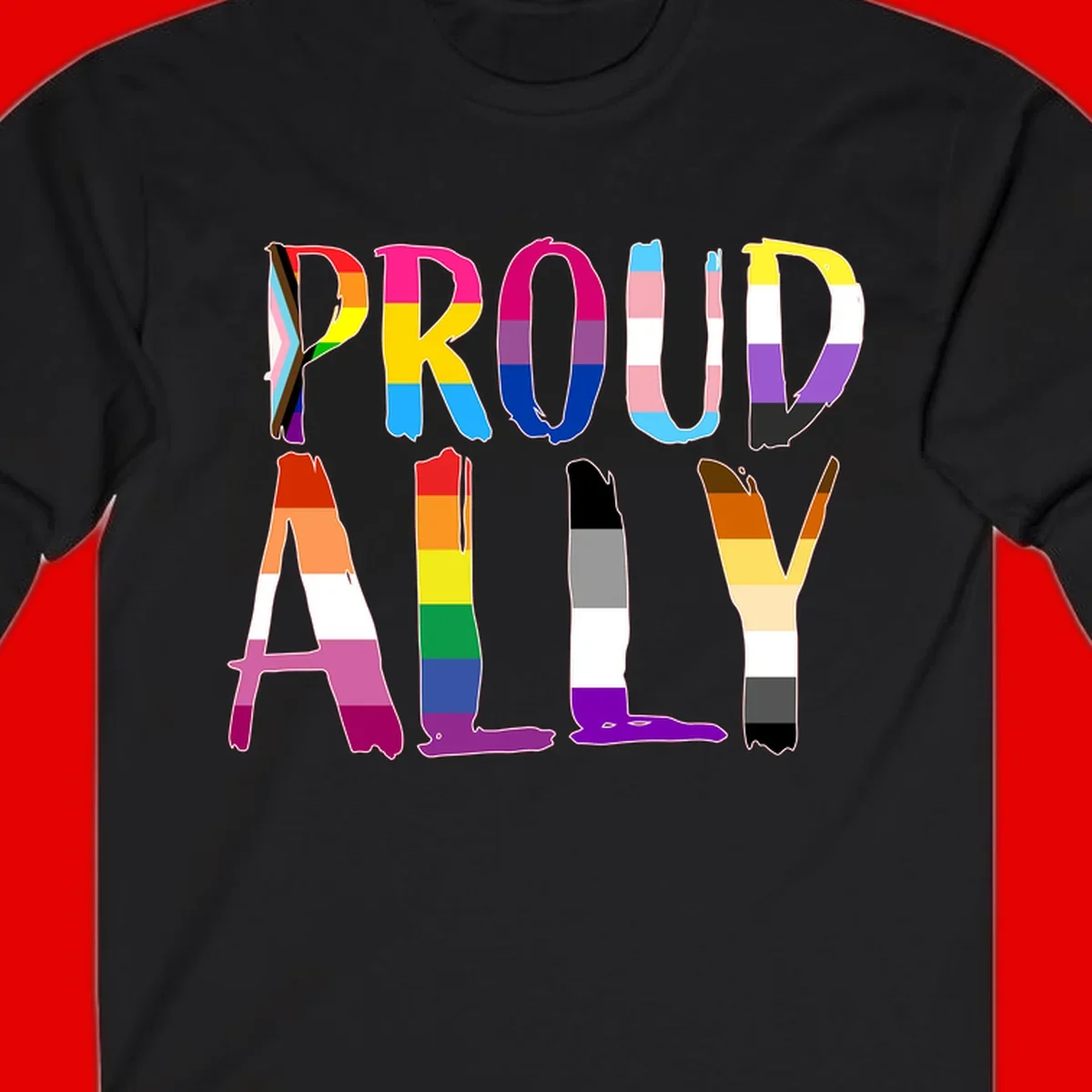Colorful block letters spelling PROUD filled with rainbow pride flag stripes and patterns including trans and progress pride designs