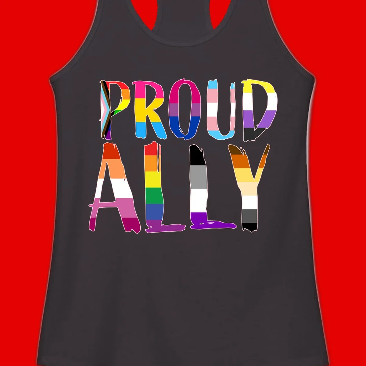 Colorful block letters spelling PROUD filled with rainbow pride flag stripes and patterns including trans and progress pride designs