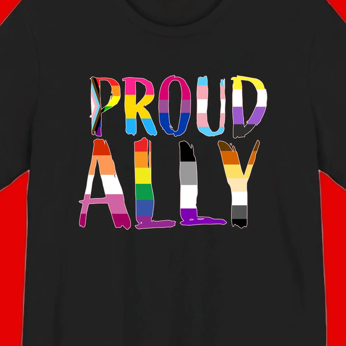 Colorful block letters spelling PROUD filled with rainbow pride flag stripes and patterns including trans and progress pride designs
