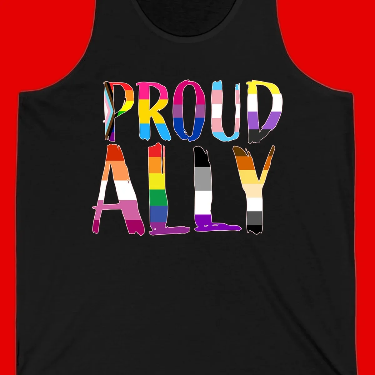 Colorful block letters spelling PROUD filled with rainbow pride flag stripes and patterns including trans and progress pride designs