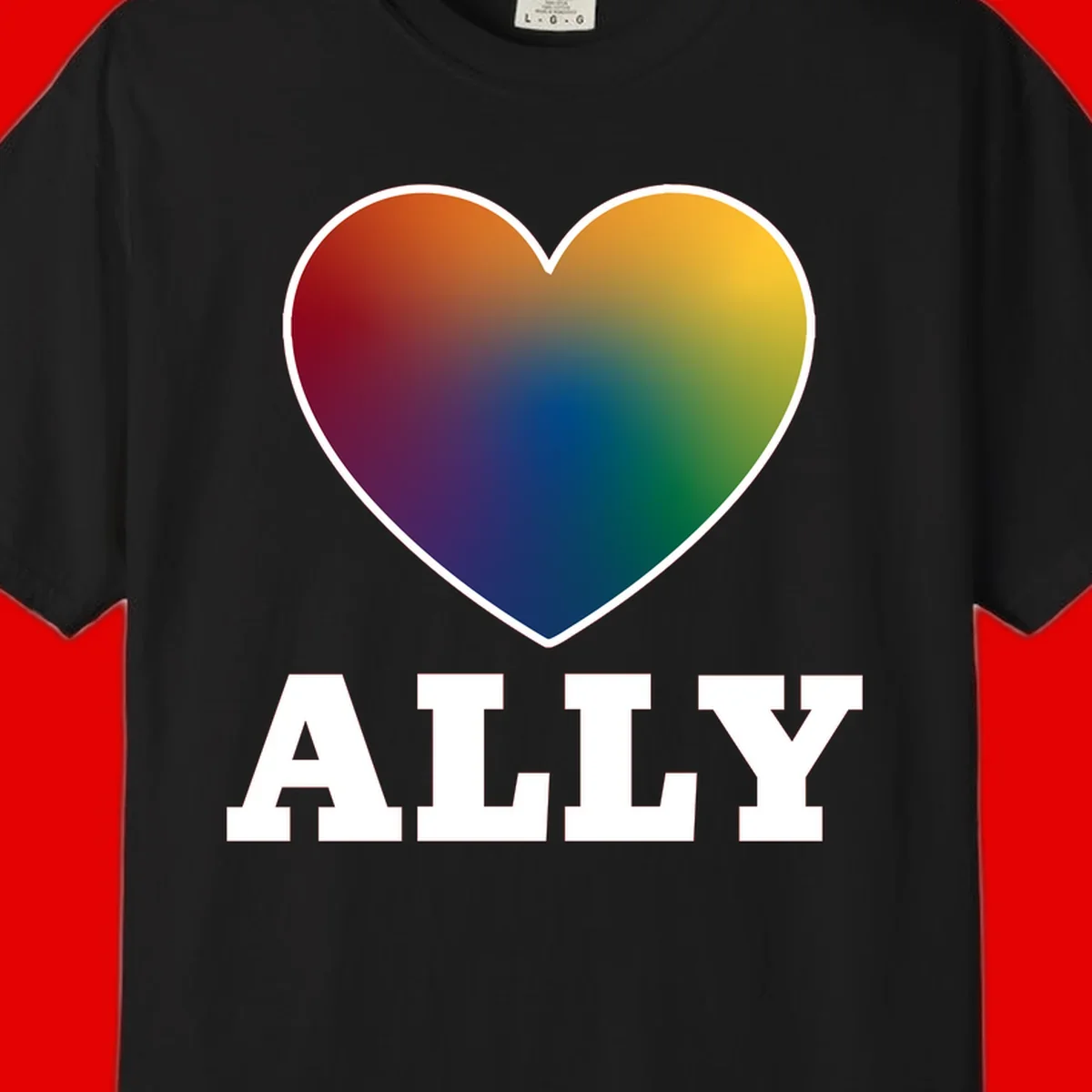 Ally rainbow heart pride design featuring a gradient heart transitioning through rainbow colors with white border and ALLY text
