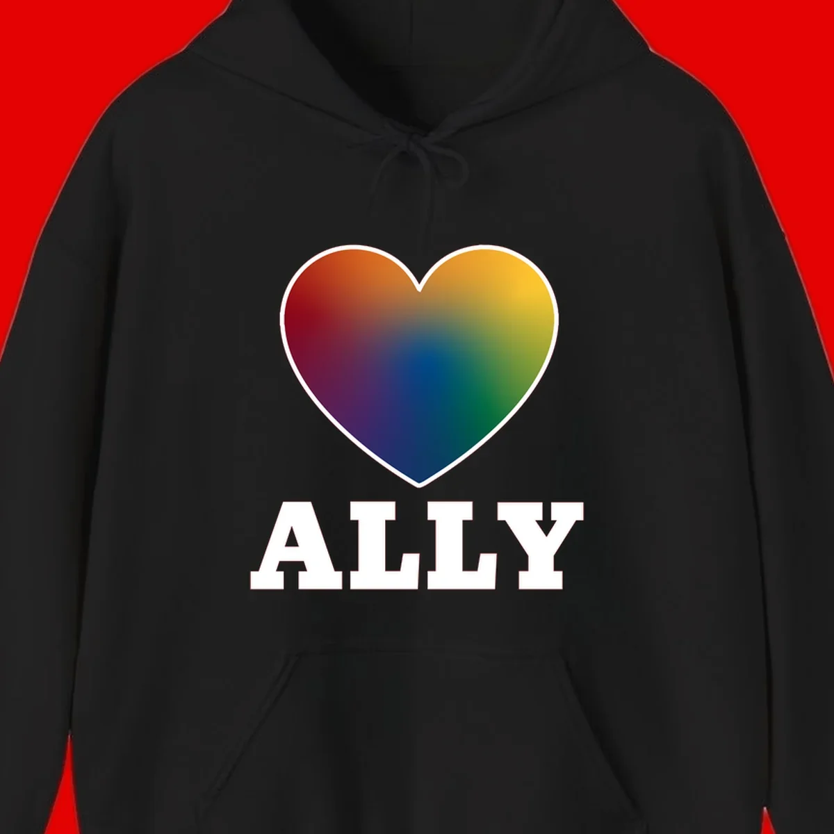 Ally rainbow heart pride design featuring a gradient heart transitioning through rainbow colors with white border and ALLY text
