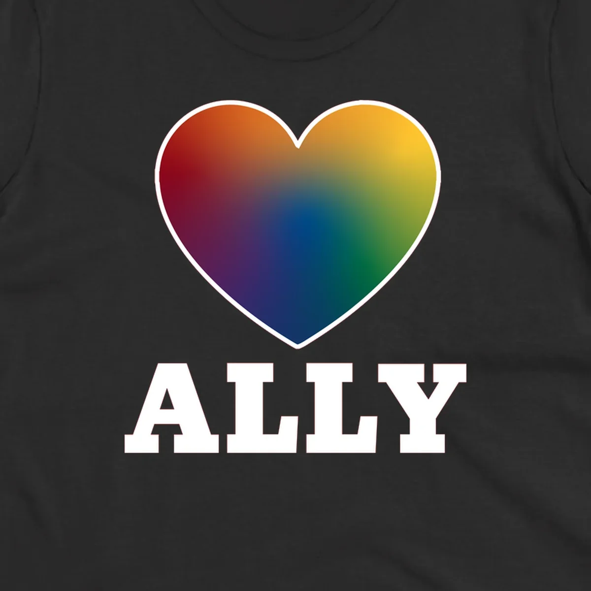 Ally rainbow heart pride design featuring a gradient heart transitioning through rainbow colors with white border and ALLY text