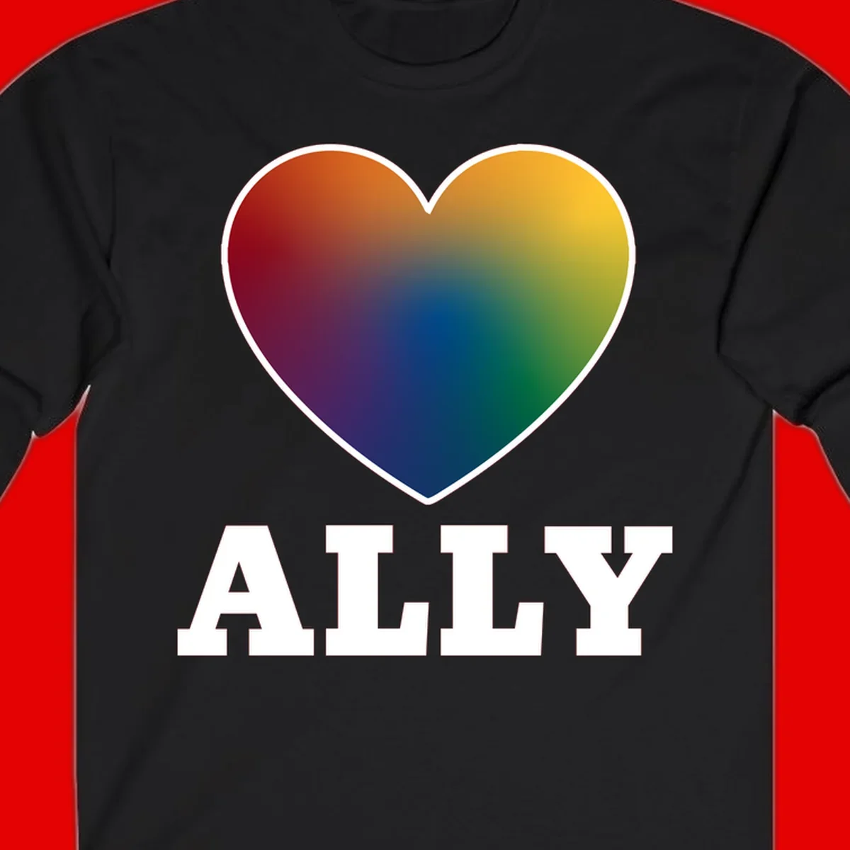 Ally rainbow heart pride design featuring a gradient heart transitioning through rainbow colors with white border and ALLY text