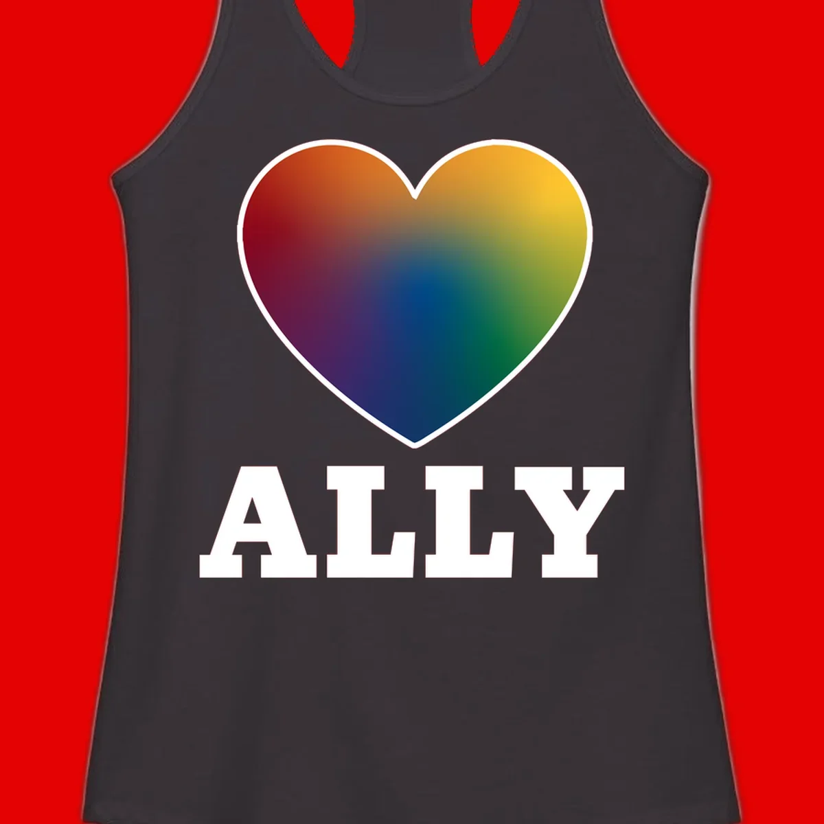 Ally rainbow heart pride design featuring a gradient heart transitioning through rainbow colors with white border and ALLY text