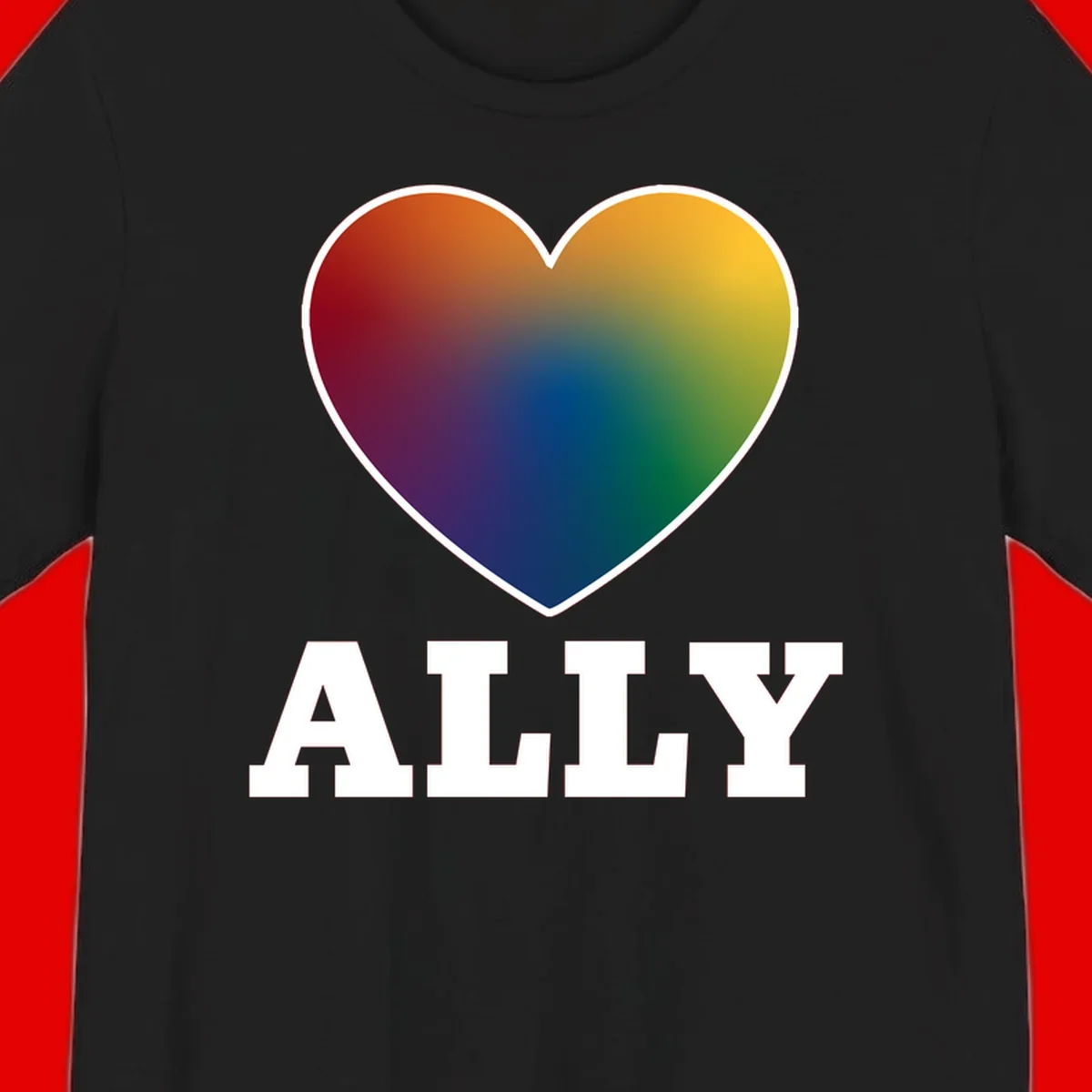 Ally rainbow heart pride design featuring a gradient heart transitioning through rainbow colors with white border and ALLY text