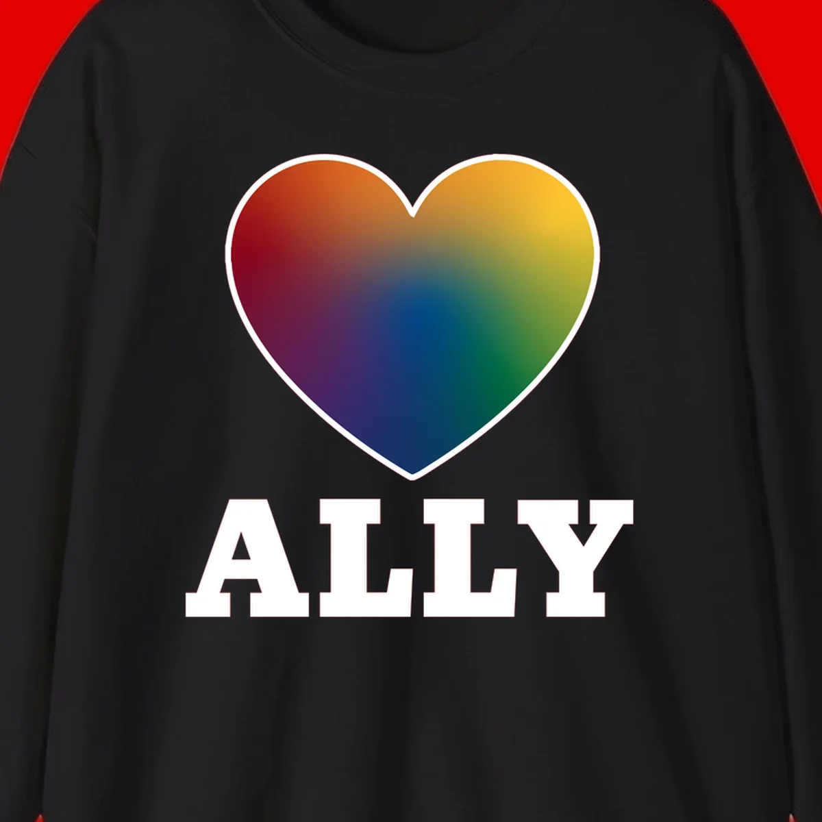 Ally rainbow heart pride design featuring a gradient heart transitioning through rainbow colors with white border and ALLY text