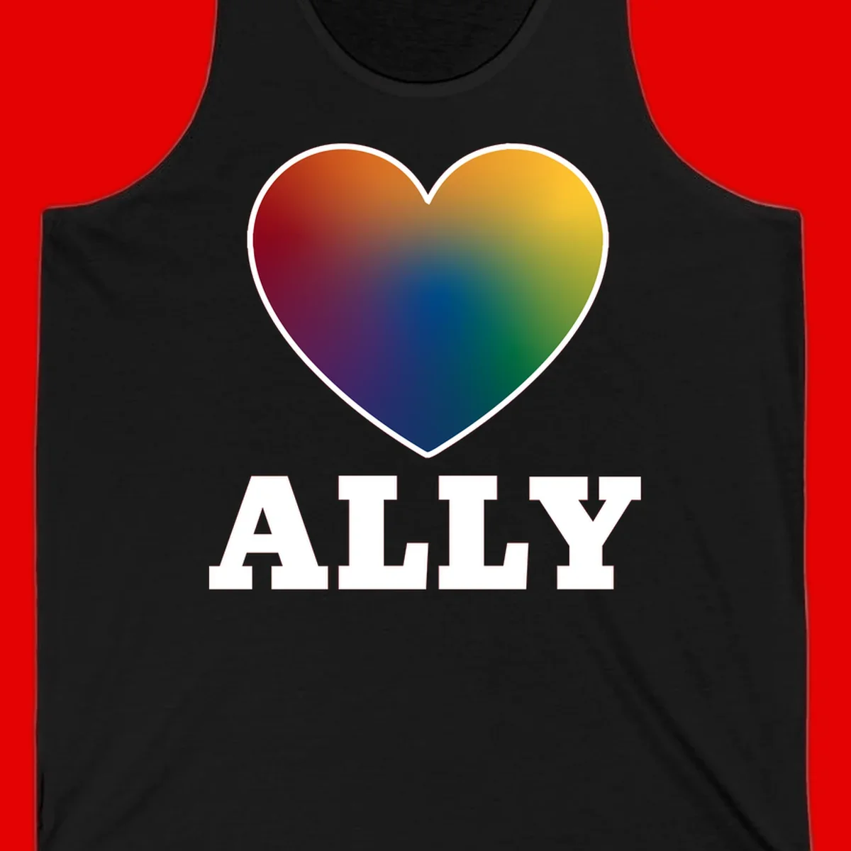 Ally rainbow heart pride design featuring a gradient heart transitioning through rainbow colors with white border and ALLY text