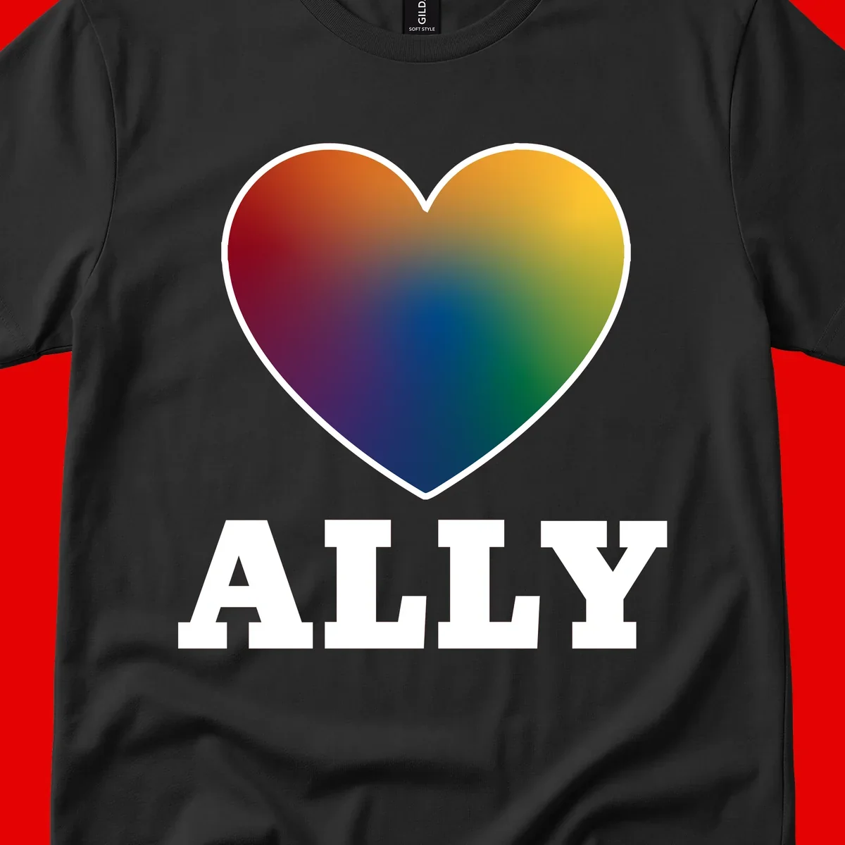 Ally rainbow heart pride design featuring a gradient heart transitioning through rainbow colors with white border and ALLY text