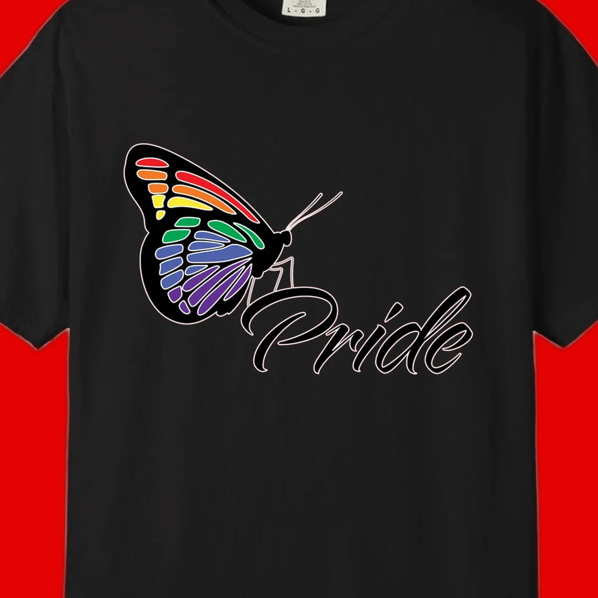 Pride butterfly illustration with rainbow-colored wings in red, orange, yellow, green, blue, and purple gradient with 'Pride' text
