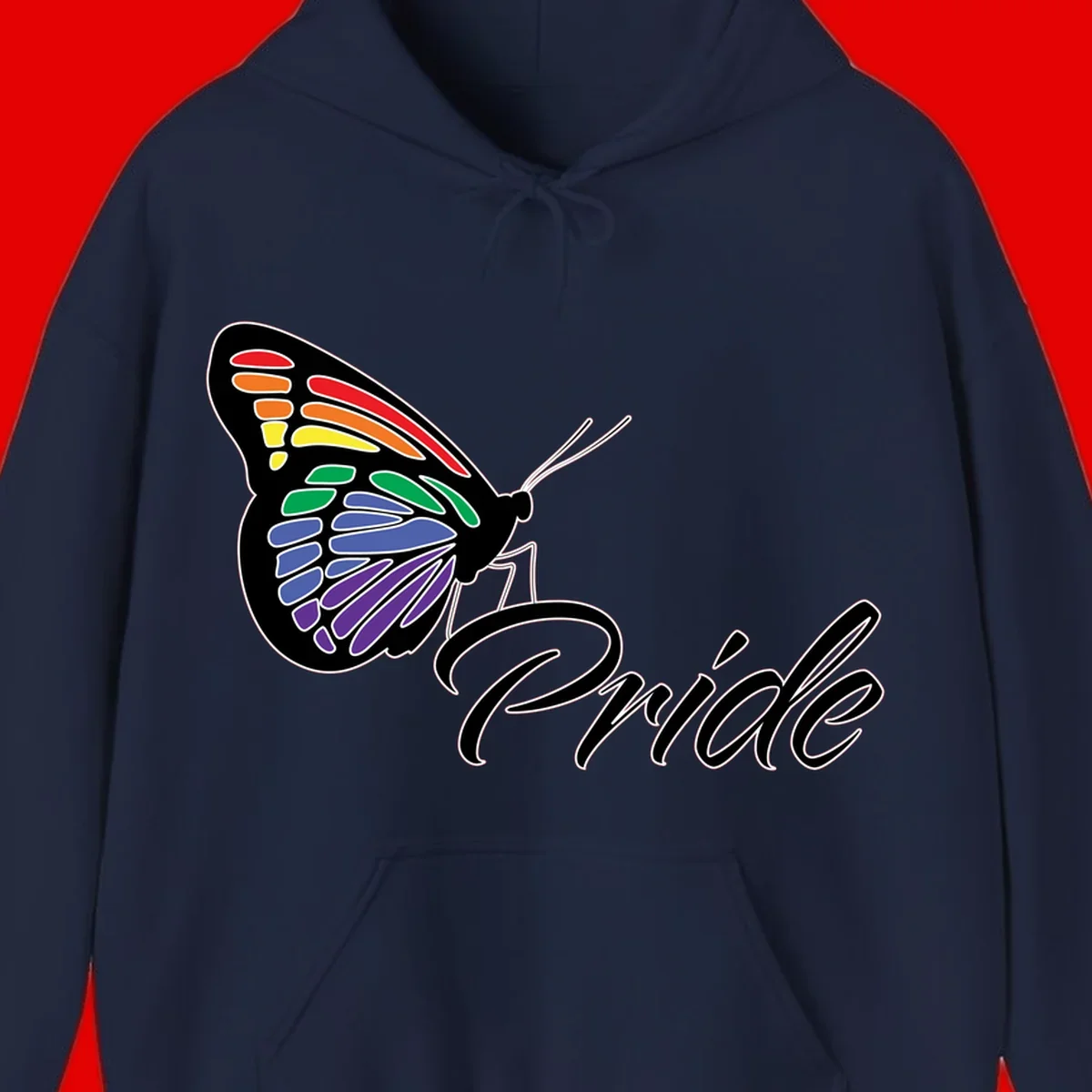 Pride butterfly illustration with rainbow-colored wings in red, orange, yellow, green, blue, and purple gradient with 'Pride' text