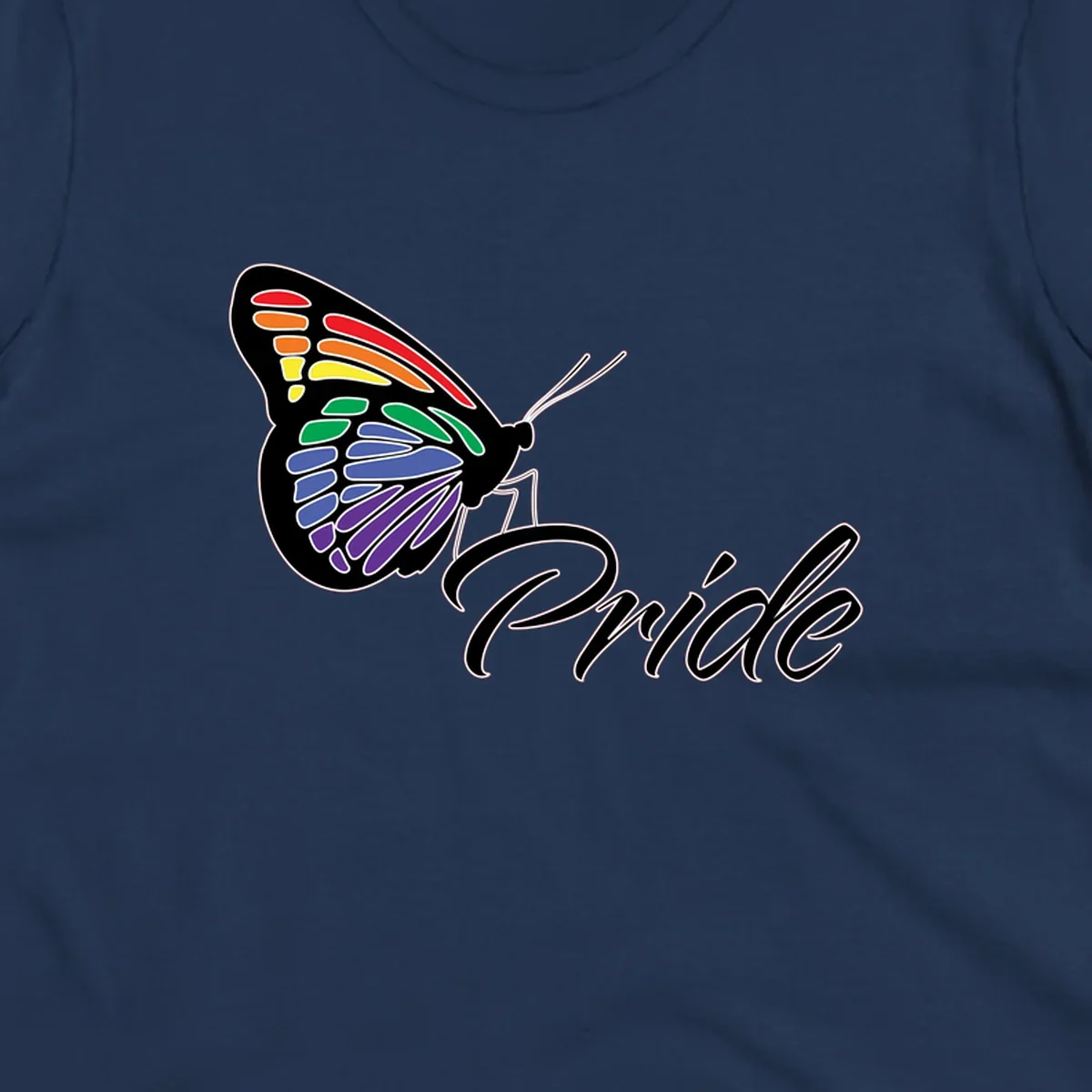 Pride butterfly illustration with rainbow-colored wings in red, orange, yellow, green, blue, and purple gradient with 'Pride' text
